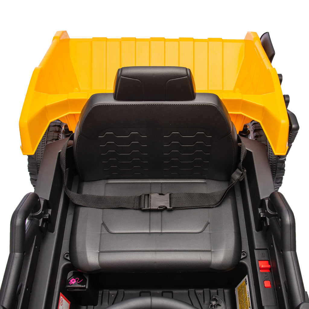 Track 7 12V Electric Ride-On Dump Truck, Parental Remote Control, 2WD Rear-Wheel Suspension, Electric Dump Bed & Bonus Shovel, Bluetooth Multimedia, Adjustable Volume & Speed, LED Lighting, Yellow