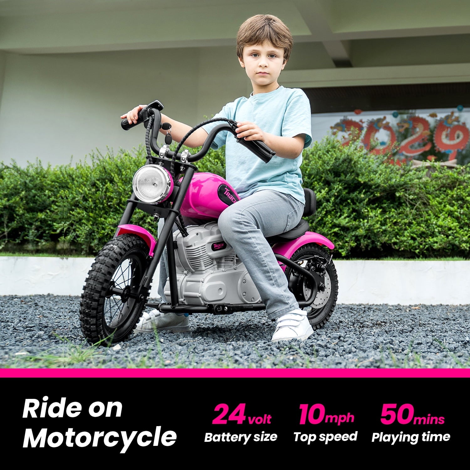 Track 7 24V Electric Dirt Bike for kids, 250W Ride on Motorcycle with Twist Grip Throttle, Hand-Operated Brakes, Key Start, Off-Road Motocross Speed Up to 10 MPH, Age 8+, Pink