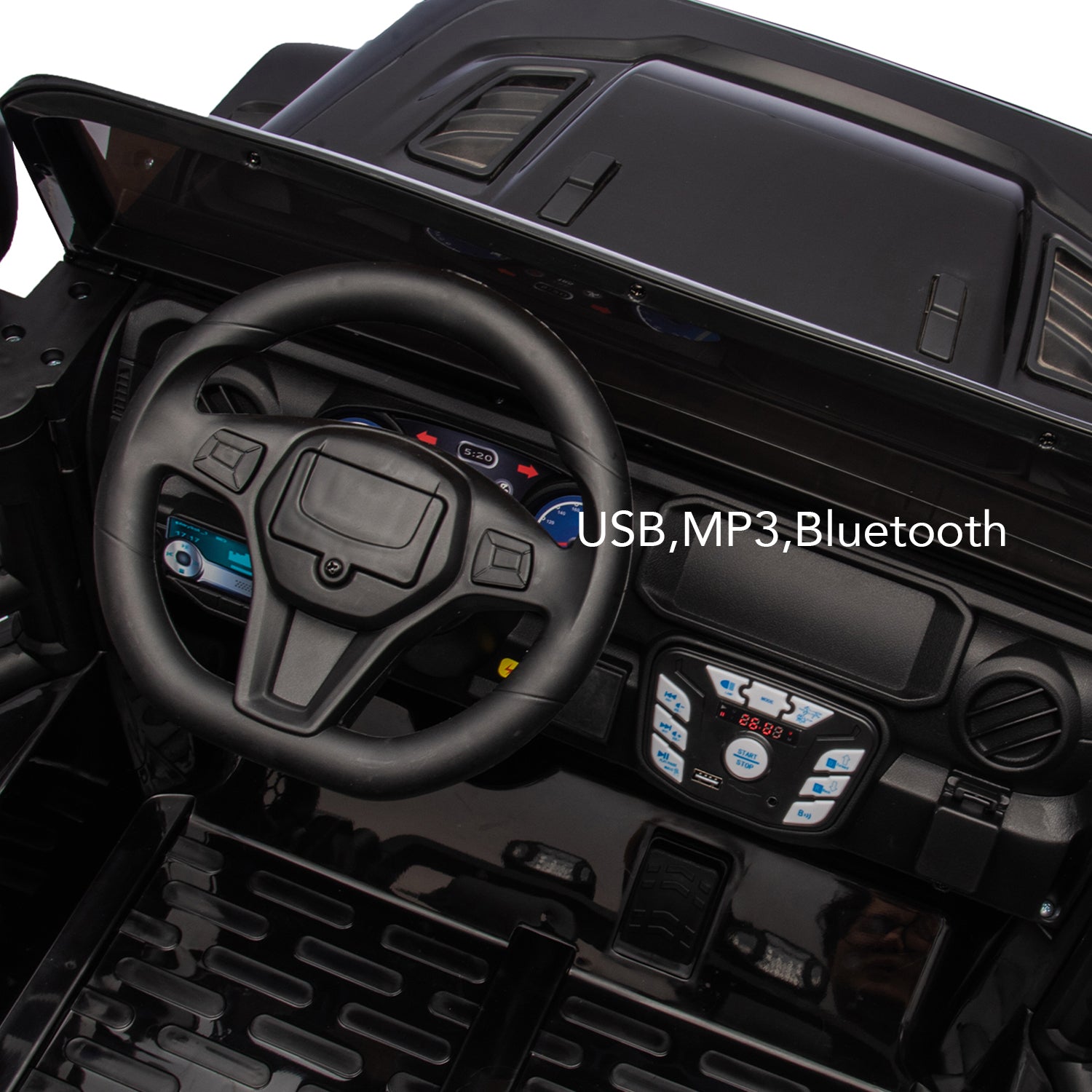 Track 7 24V Ride on Truck, 2 Seater Ride On Toy Car for Big Kids, 19.7" Large Wide Seat, 4WD Electric Truck Car with Music, Bluetooth, Light and Searchlight, Max Speed 4.35 mph, Black