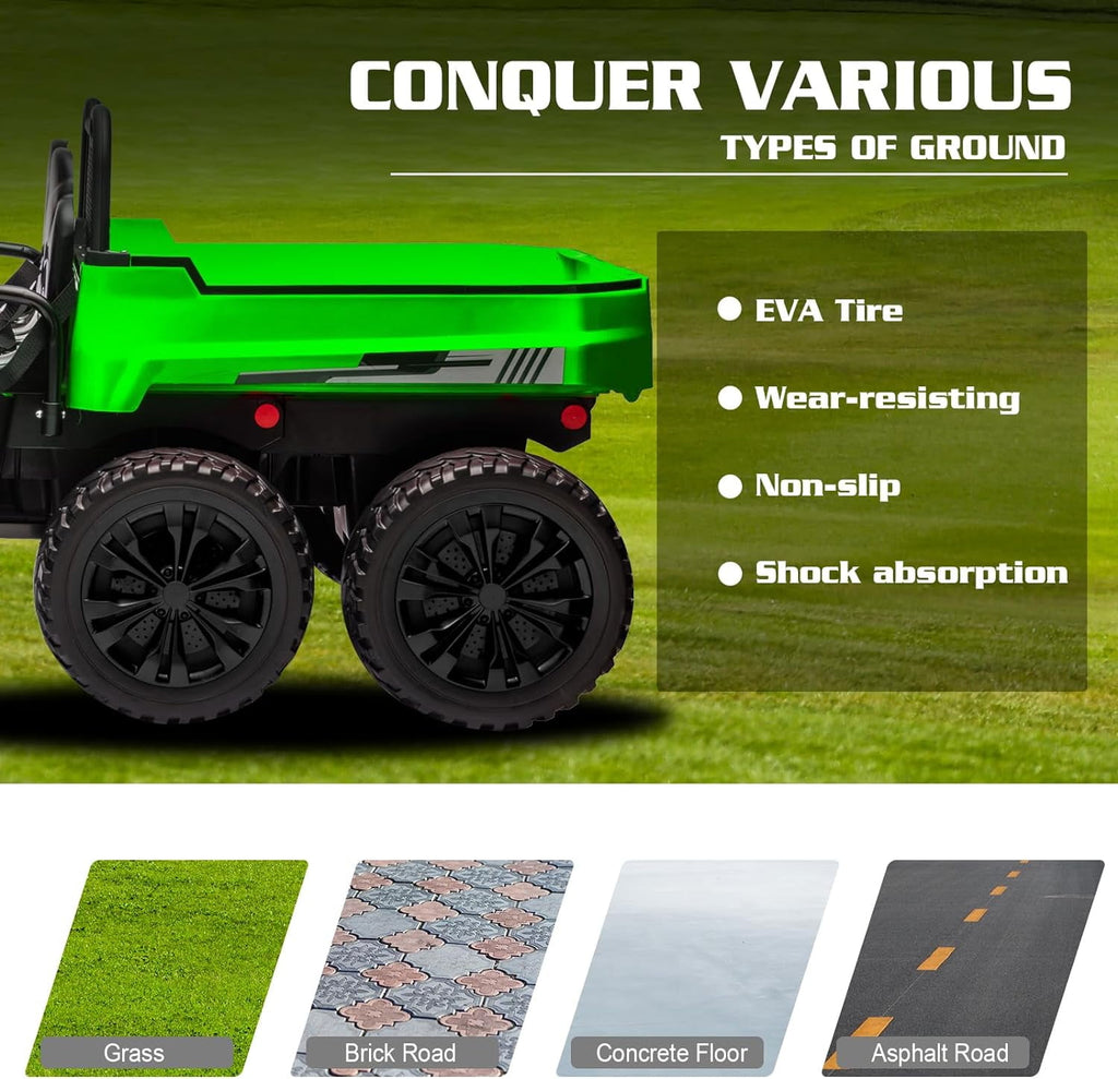 Track Seven 24V Ride on Car, 2-Seater Ride On Dump Truck, 6 Wheels Electric Car with Remote Control, Music, Shift Lever, off-Road Ride on UTV, Green