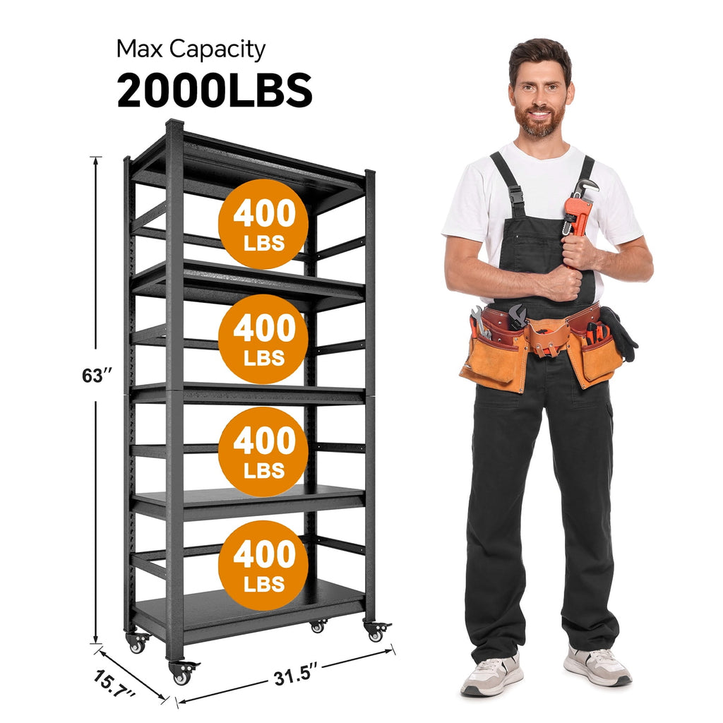 COOKCOK 4-Tier Storage Shelving Unit, Heavy Duty Metal Shelf with Wheels, 31.5"x15.7"x63", Adjustable Garage Shelves, Load 2000LBS, Kitchen Shelf with Protective Side