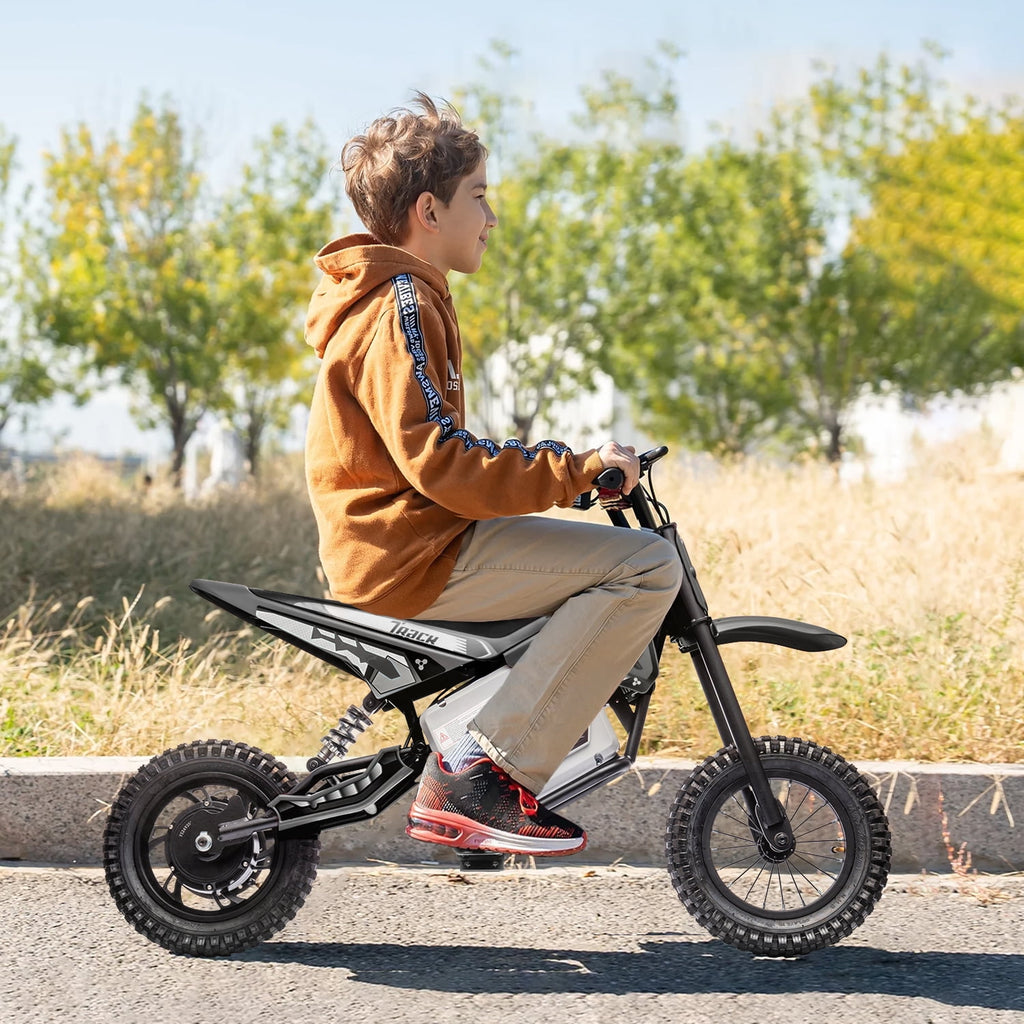 Track 7 36V Electric Dirt Bike, 350W Ride on Motorcycle with Twist Grip Throttle, Hand-Operated Dual Brakes, for Age 8-12, Black