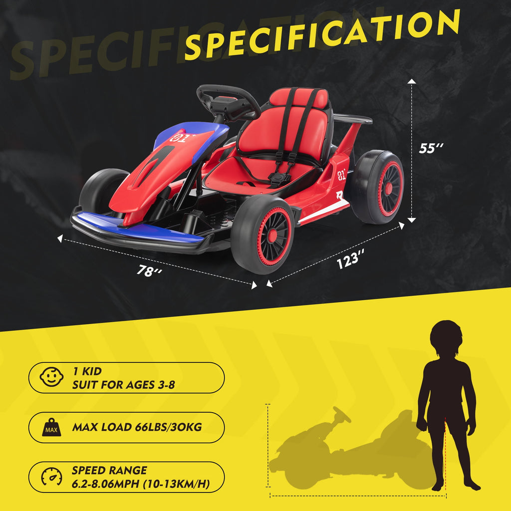 Track 7 24V Electric Ride-On Go Kart for Kids, Drift Kart with 5 MPH Max Speed, High/Low Speed, Accelerator Pedal, Music, Safety Belt, Battery-Powered Drifting Car for Children, Red and Blue
