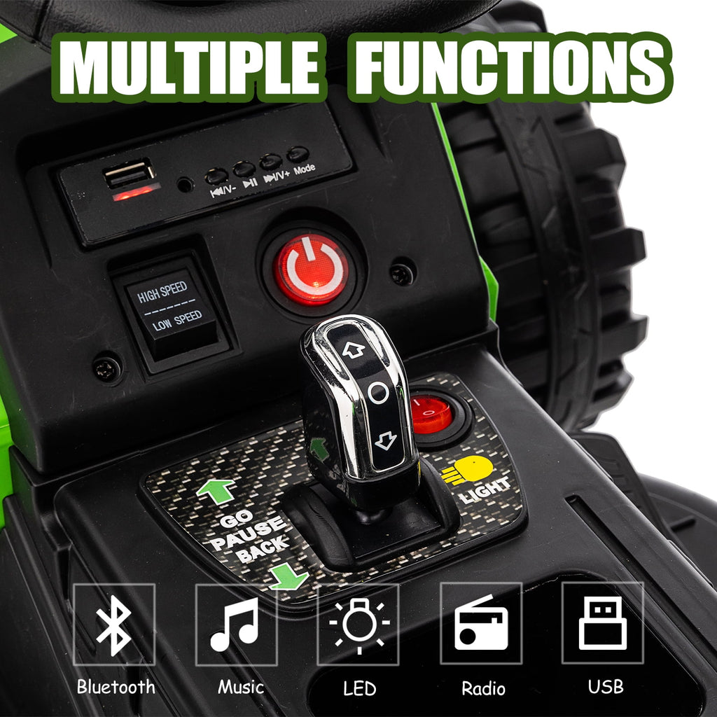 Track 7 12V Ride on Tractor with Trailer, 3-Gear-Shift Ground Loader, Kids Ride on Car with Remote Control, Bluetooth, Music, LED Lights, Electric Car for Boys Girls, Light Green