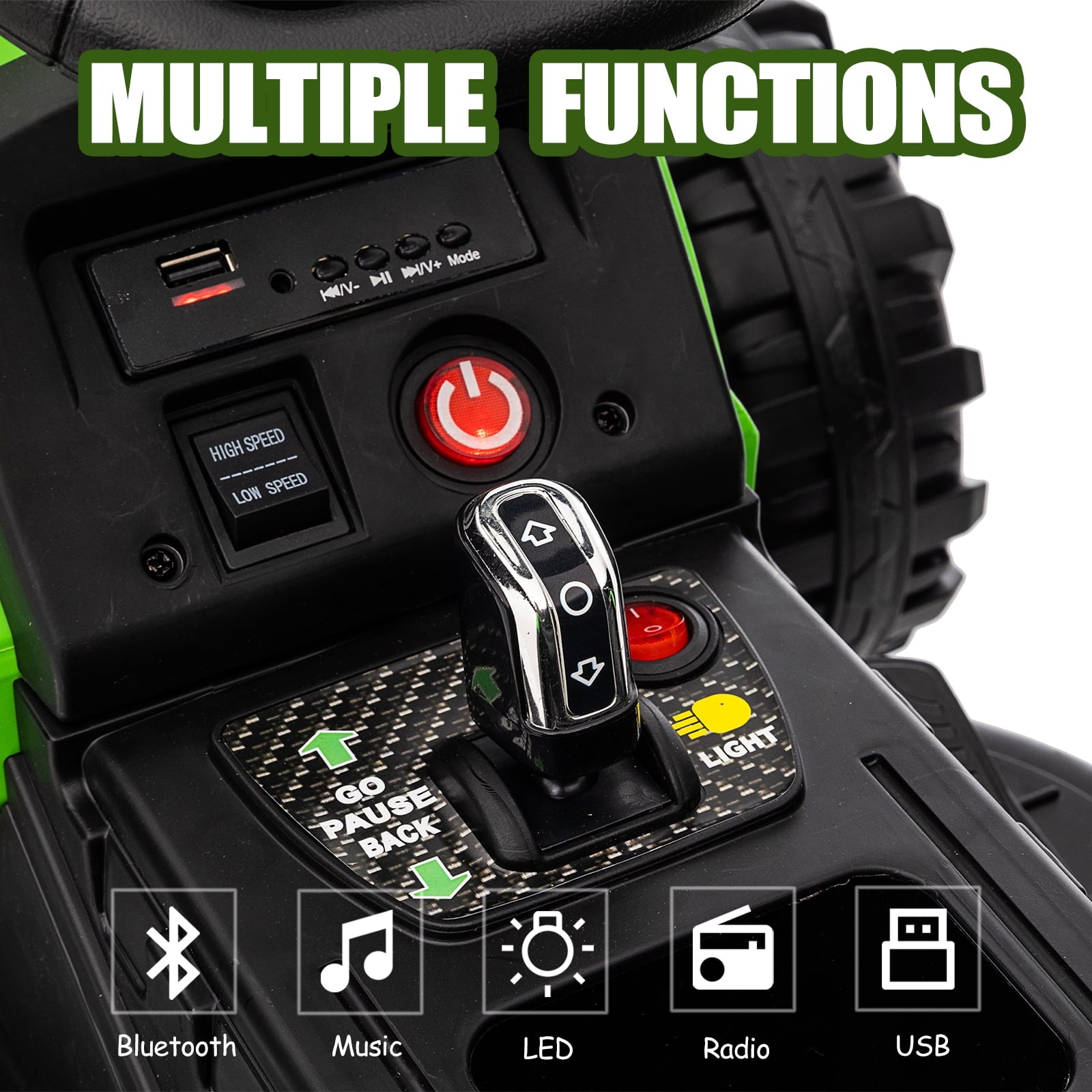 Track 7 12V Ride on Tractor with Trailer, 3-Gear-Shift Ground Loader, Kids Ride on Car with Remote Control, Bluetooth, Music, LED Lights, Electric Car for Boys Girls, Light Green