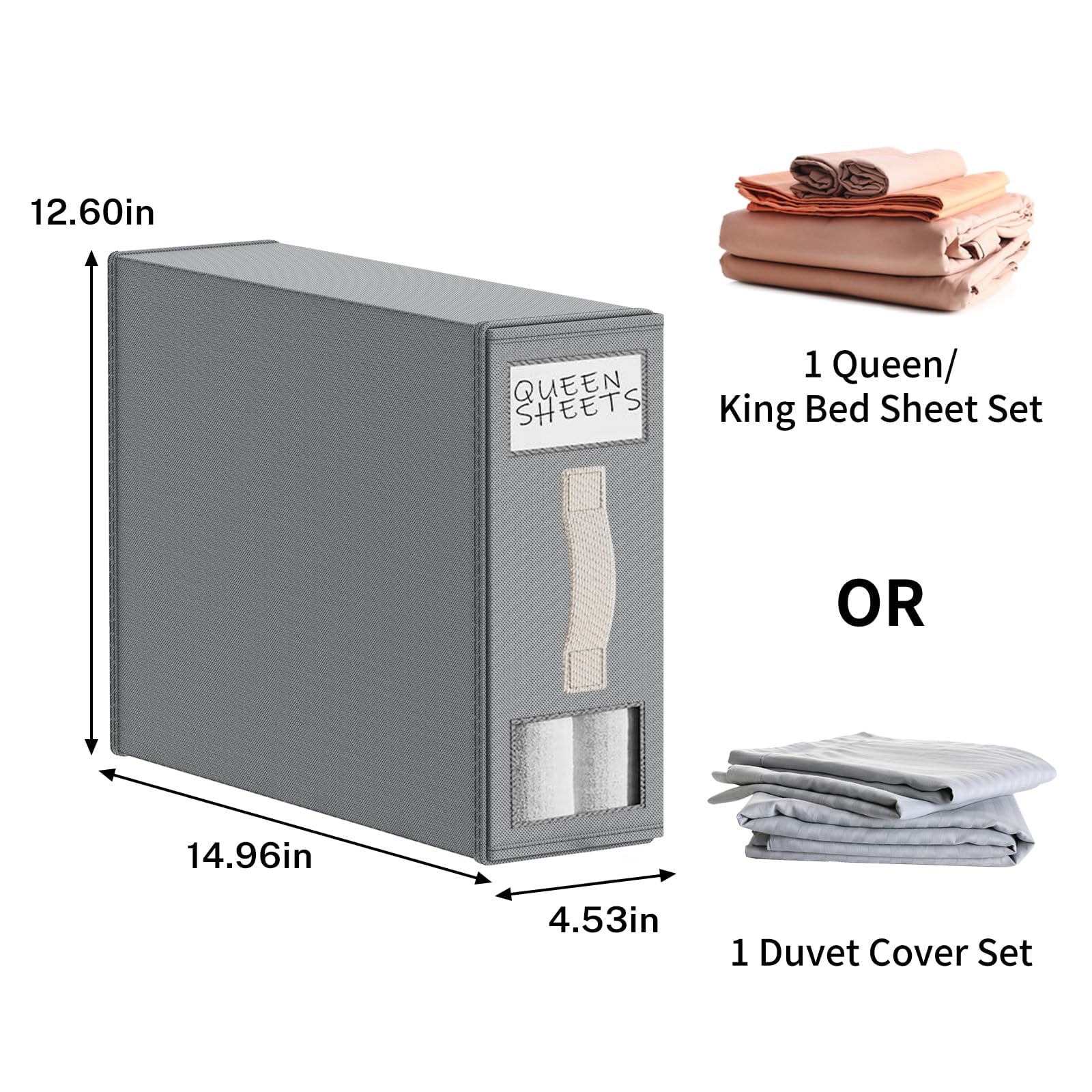 COOKCOK 4 Pack Bed Sheet Closet Organizers and Storage, Sturdy Foldable Storage Containers with Window and Label, Storage and Organization for Bedding Sheets, Duvet Covers, Blankets, Grey