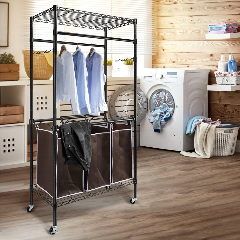 COOKCOK Rolling Laundry Basket Organizer with Wheels and Hanging Bar, Laundry Hamper Cart Laundry Sorter 3 Section, Dirty Clothes Hampers for Laundry Bedroom Bathroom