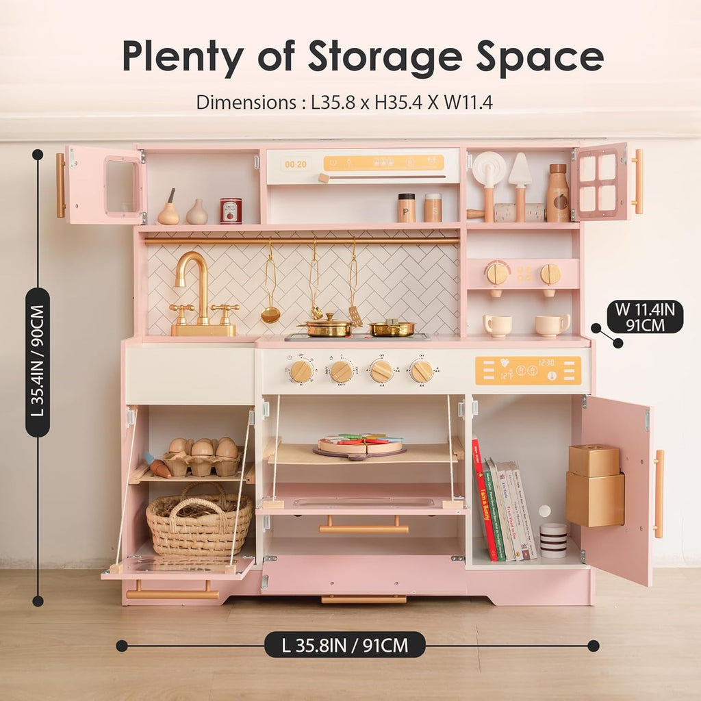 Track Seven Wooden Play Kitchen for Kids– Realistic Appliances, Storage & 15 Fun Accessories for Inspiring Pretend Play (Ages 3+), Pink
