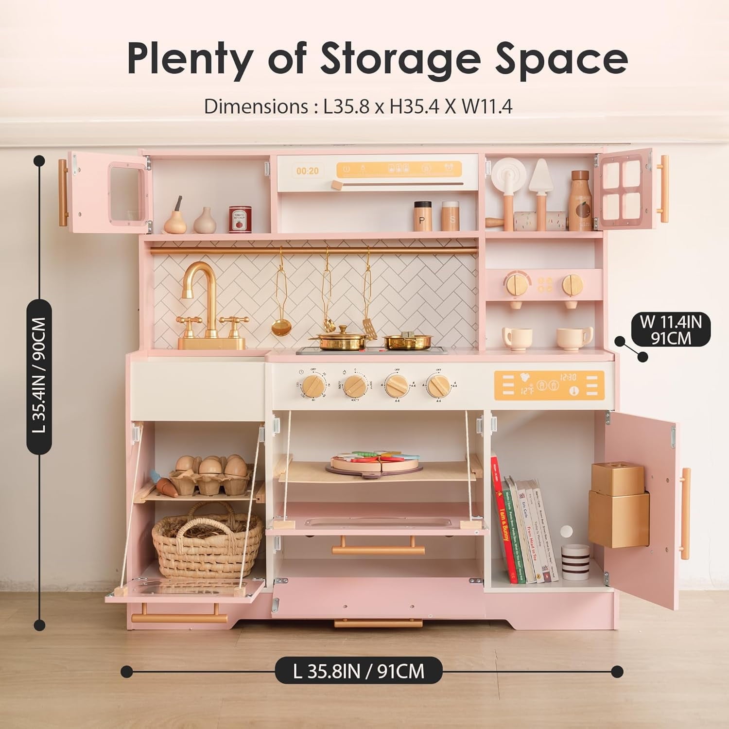 Track Seven Wooden Play Kitchen for Kids– Realistic Appliances, Storage & 15 Fun Accessories for Inspiring Pretend Play (Ages 3+), Pink