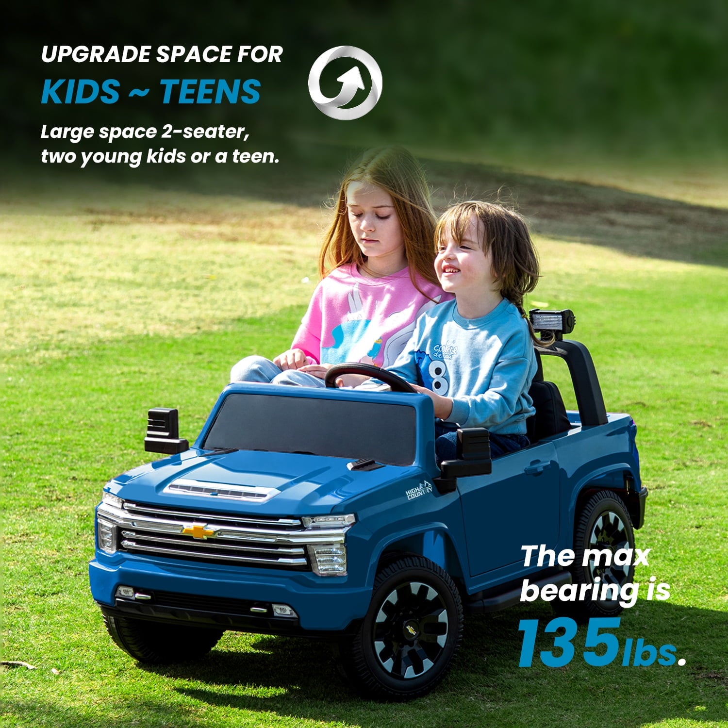 Track Seven 24V Ride on Car, Licensed Silverado HD 2 Seater Electric Car for Boys Girls Age 3+, 24V Ride on Truck w/Remote Control, Music, ABC, Blue