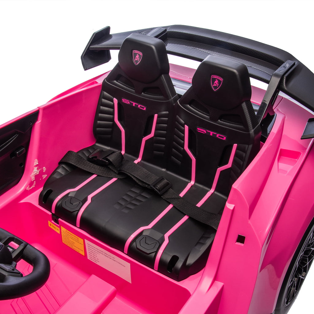 Track 7 24V Kids Ride on Car, Licensed Lamborghini STO Electric Car,2 Seats, 360° Spin, Speeds 1.86-5.59 MPH, LED Lights & Dynamic Music, Foam Wheels & Drift Mode for Ages 3-8, Pink