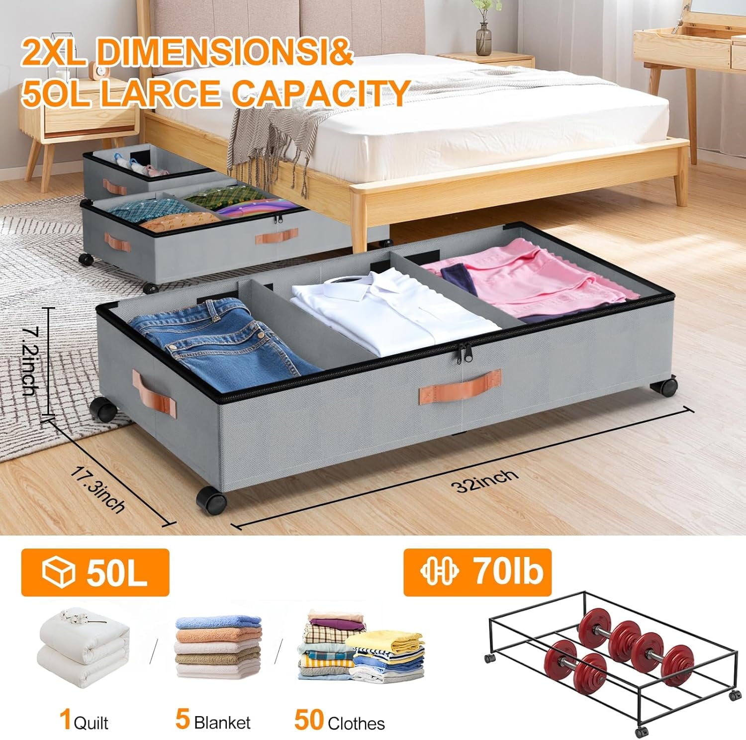 COOKCOK Under Bed Storage with Wheels, 2 Pack Under Bed Storage Containers with Dividers & Clear Lids, Under the bed storage Organizer Bins, Underbed Storage for Clothes, Toys, Shoes, Grey