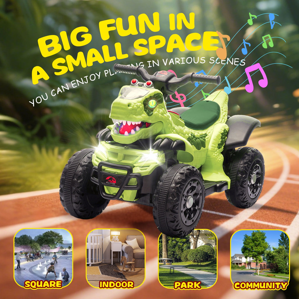 Track Seven 12v Ride-On Electric ATV, Dinosaur Shape Car, 2WD, Music, Bluetooth & Microphone, Power Display, Indoor& Outdoor Ride-On Toy for Boys Girls Age 2-5, Green