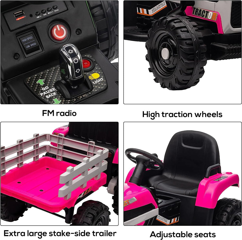 Track 7 12V Ride on Tractor with Trailer, Kids Electric Car with Remote Control, Bluetooth, MP3, LED Lights, 3-Gear-Shift Ground Loader, Ride on Car for Boys Girls, Rose Red