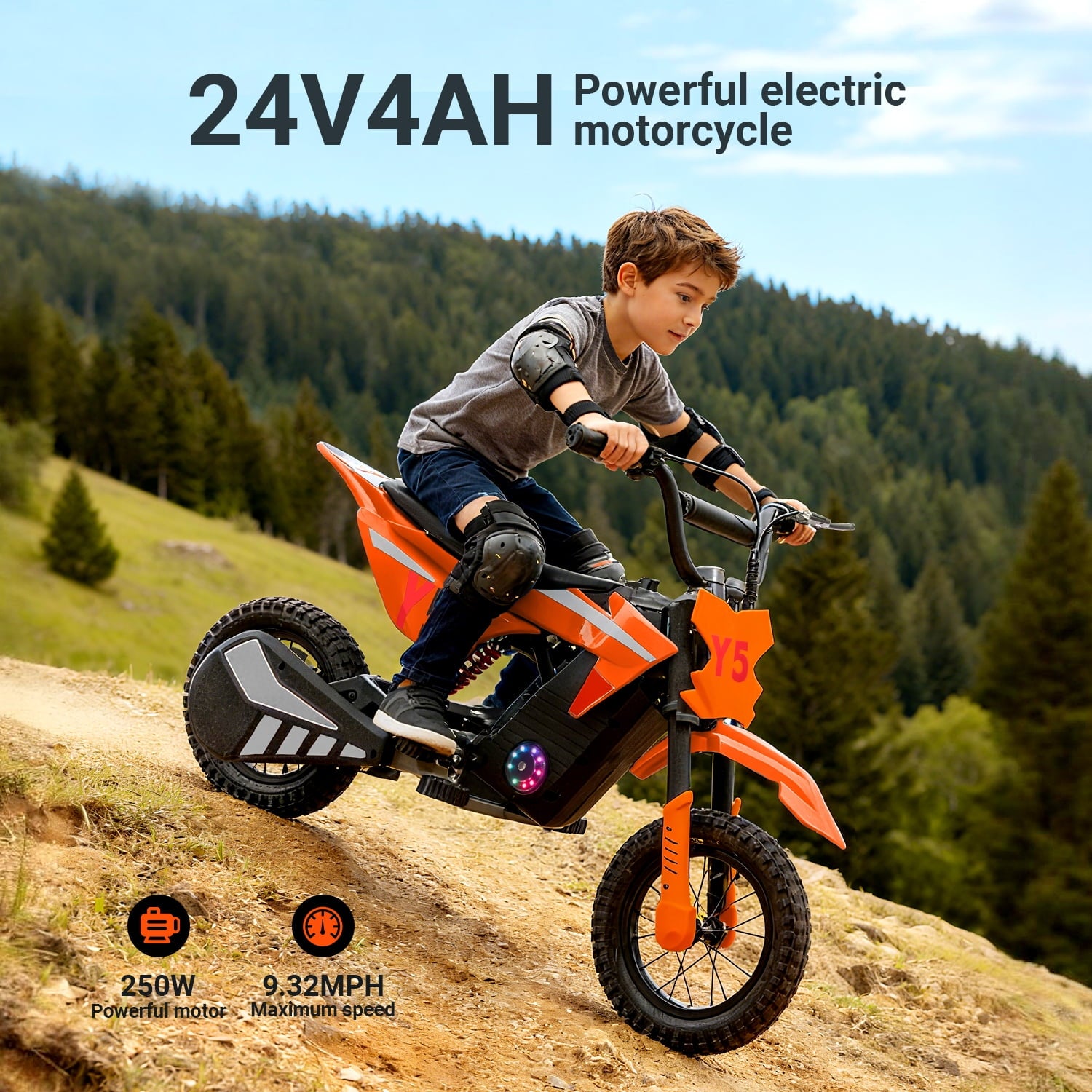 Track Seven 24V Electric Dirt Bike, 250W Ride on Motorcycle, 3 Speed Up-to 9.3 mph, Battery Display, Rear Suspension, Disc Brake, Bluetooth, LED Light, Electric Motocross Bike for Kids Age 8+, Orange