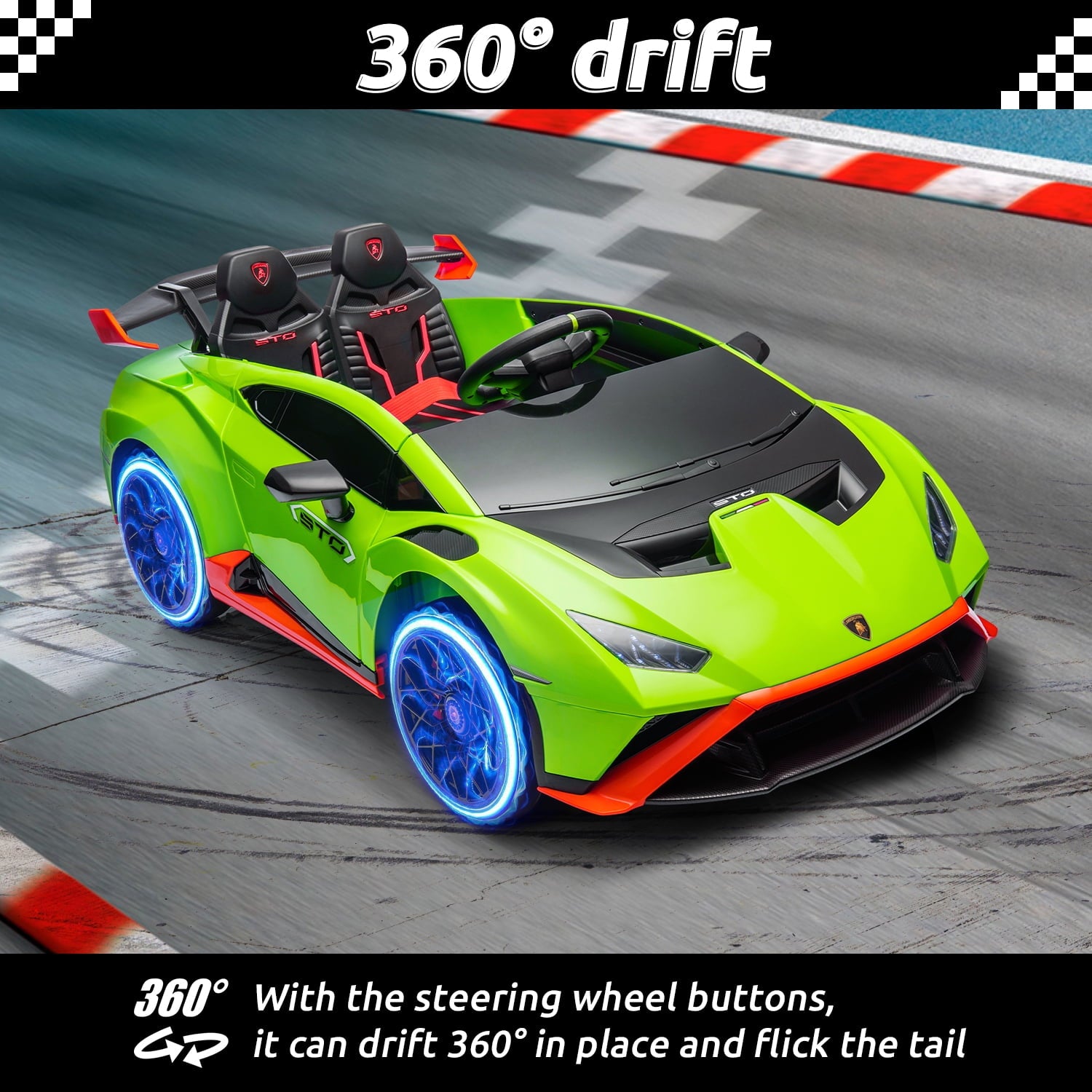 Track 7 24V Kids Ride on Car, Licensed Lamborghini STO Electric Car for Boys Girls, 2-Seater Ride on Drift Car with Remote Control, Music, 360° Spin, Max Speed 6mph, Green