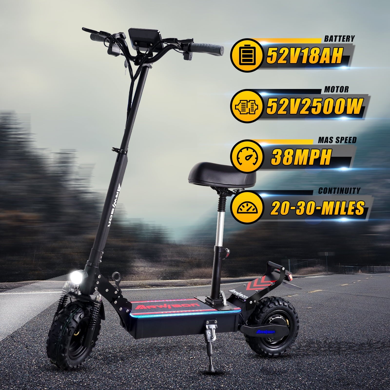 LISUEYNE Electric Scooter with Seat, 52V 18AH Adults Kick Scooter, Up to 38 MPH & 20-30 Miles, 2500W 11'' Vacuum Off-Road Tire, Hydraulic Disc Braking, Adjustable Height