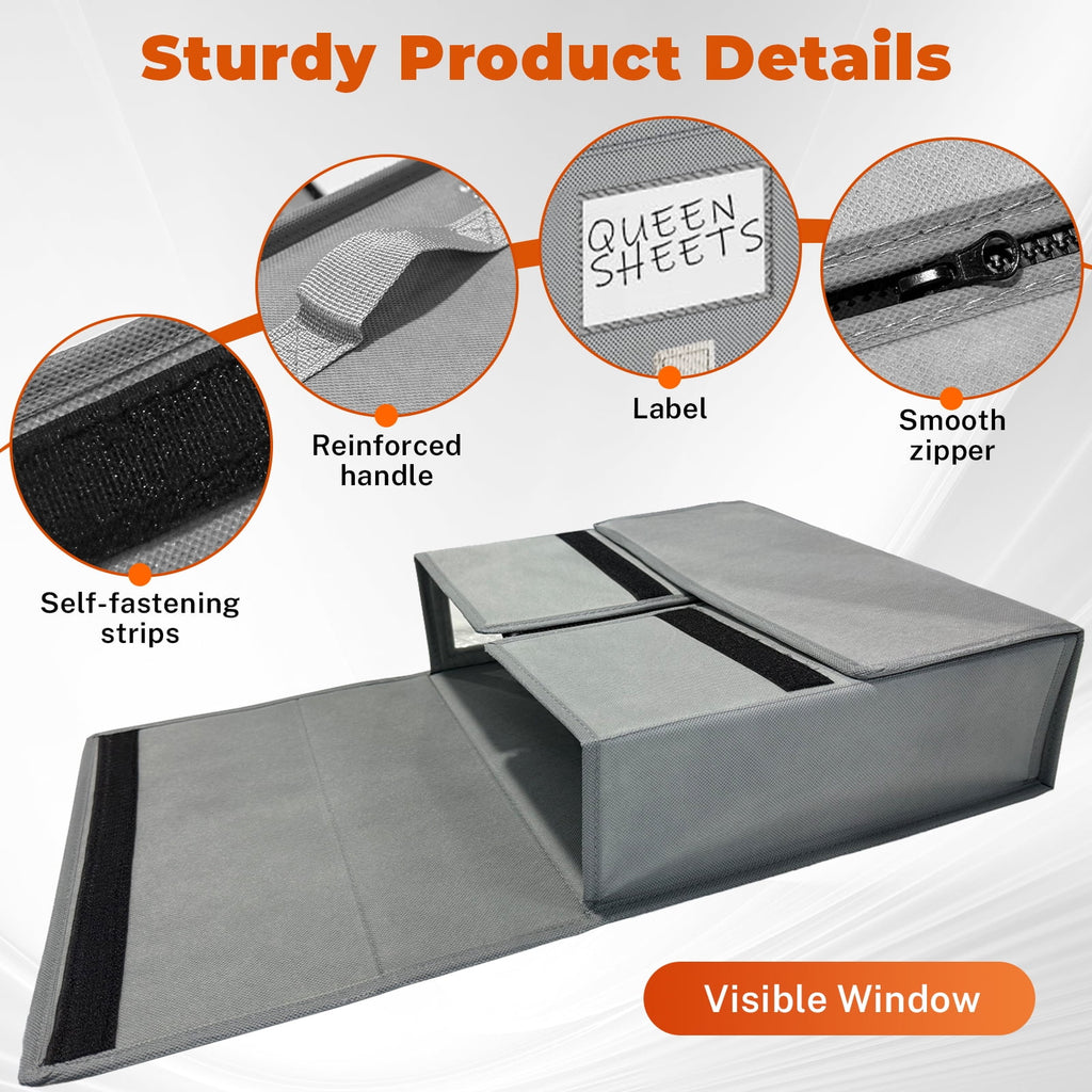 COOKCOK 4 Pack Bed Sheet Closet Organizers and Storage, Sturdy Foldable Storage Containers with Window and Label, Storage and Organization for Bedding Sheets, Duvet Covers, Blankets, Grey