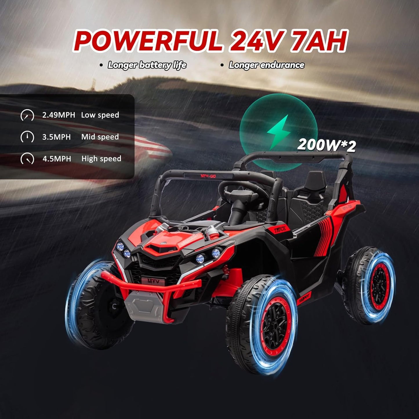 Track 7 24V 2-Seater Ride on UTV, 20" Large Seat, 2 x 200W Powerful Motors, 4.5 mph Max Speed, Ride on Car w/Remote Control, MP3, Lights, Battery Powered Electric Car for Boys Girls Age 3+, Blue