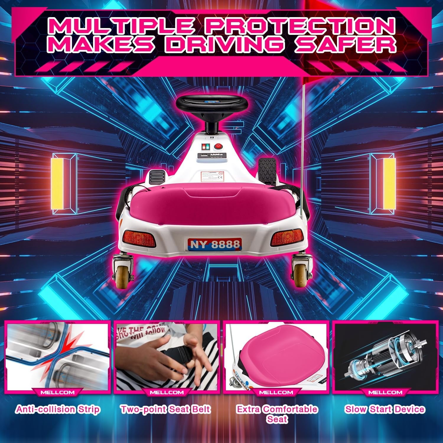 Track 7 24V Electric Drifting Go Kart for Kids, Kids Electric Go Kart w/360-Degree Spin, Music, Bluetooth, Flag, Drift Kart Up to 7.5 mph, Pink
