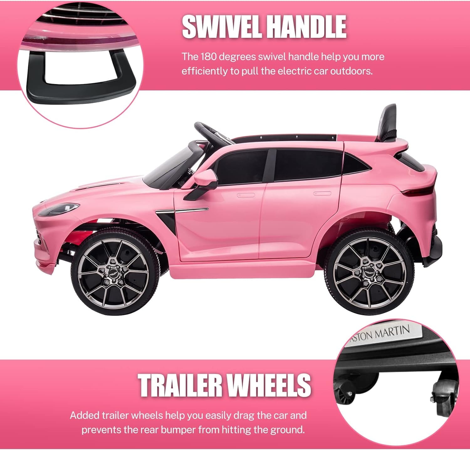 Track Seven 12V Kids Ride on Car, Licensed Aston Martin Electric Car for Boys Girls Age 3+, Remote Control, Music, USB, Portable Handle, Pink