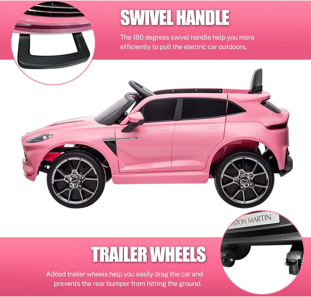 Track 7 12V Kids Ride on Car, Licensed Aston Martin Electric Car for Boys Girls Age 3+, Remote Control, Music, USB, Portable Handle, Pink