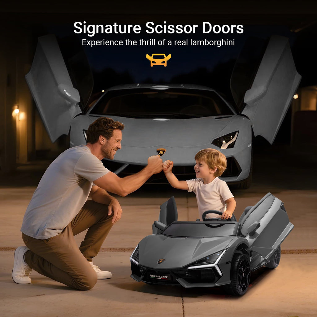 Track Seven 24V 2-Seater Ride on Car, Licensed Lamborghini Revuelto Electric Car with Remote Control, Music, LED Lights, Key Start, Spring Suspension, Max Speed 4.3mph, 24V Ride on Toy Car, Grey