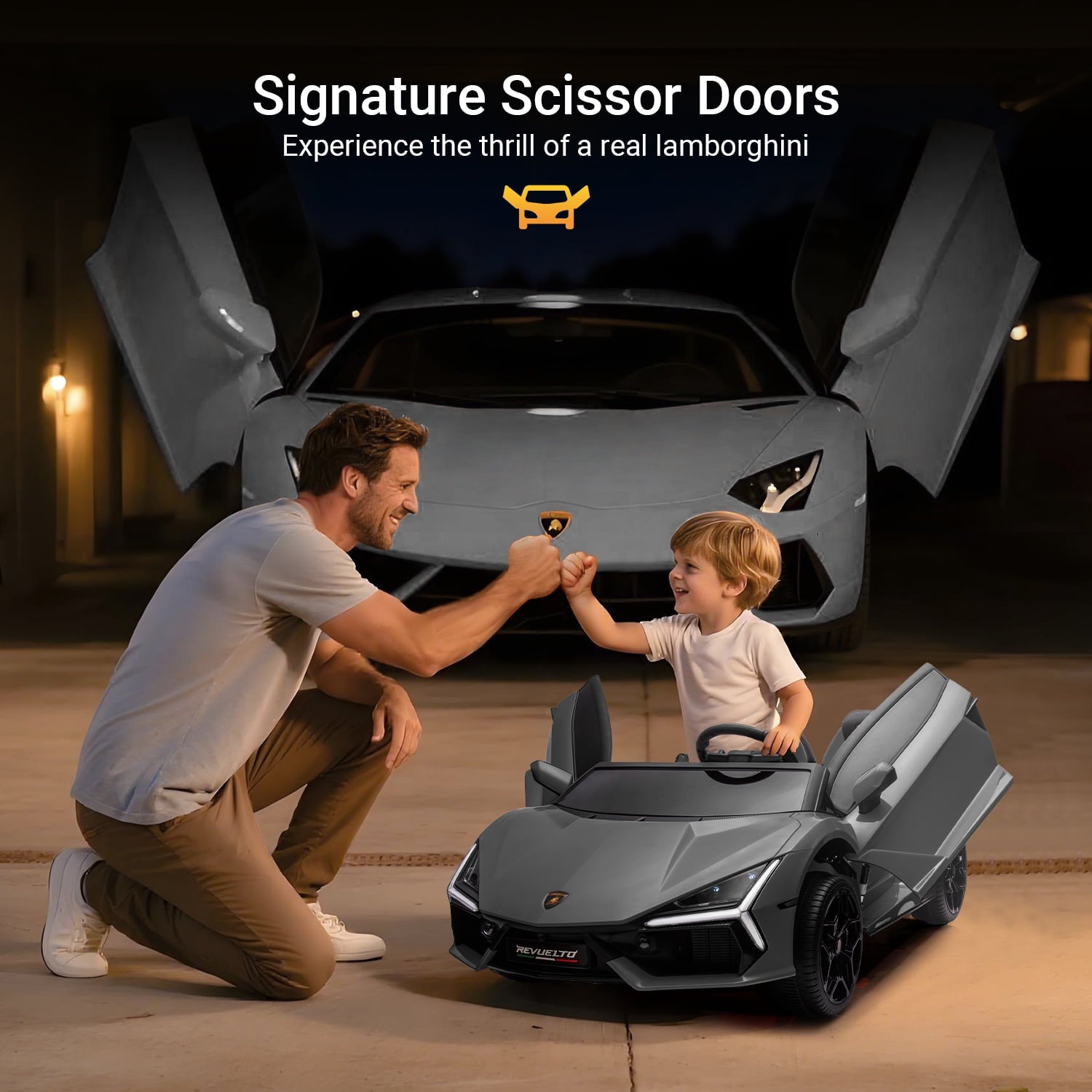 Track Seven 24V 2-Seater Ride on Car, Licensed Lamborghini Revuelto Electric Car with Remote Control, Music, LED Lights, Key Start, Spring Suspension, Max Speed 4.3mph, 24V Ride on Toy Car, Grey