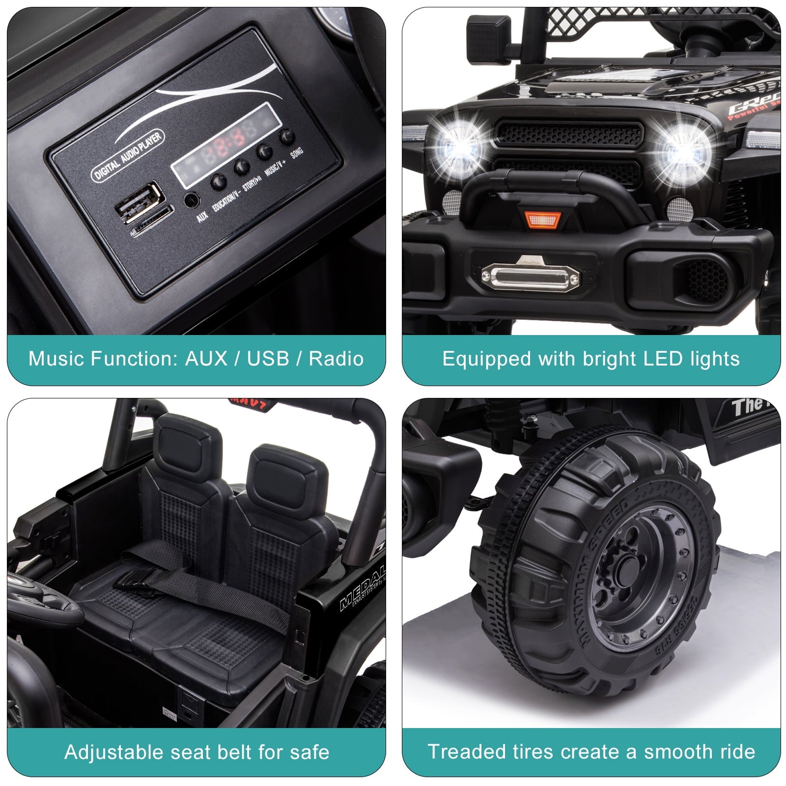 Track 7 12V 2-Seats 2WD off-road vehicle for kid 3+, 2 speed adjustable, with Parent Remote Control, Music, Black