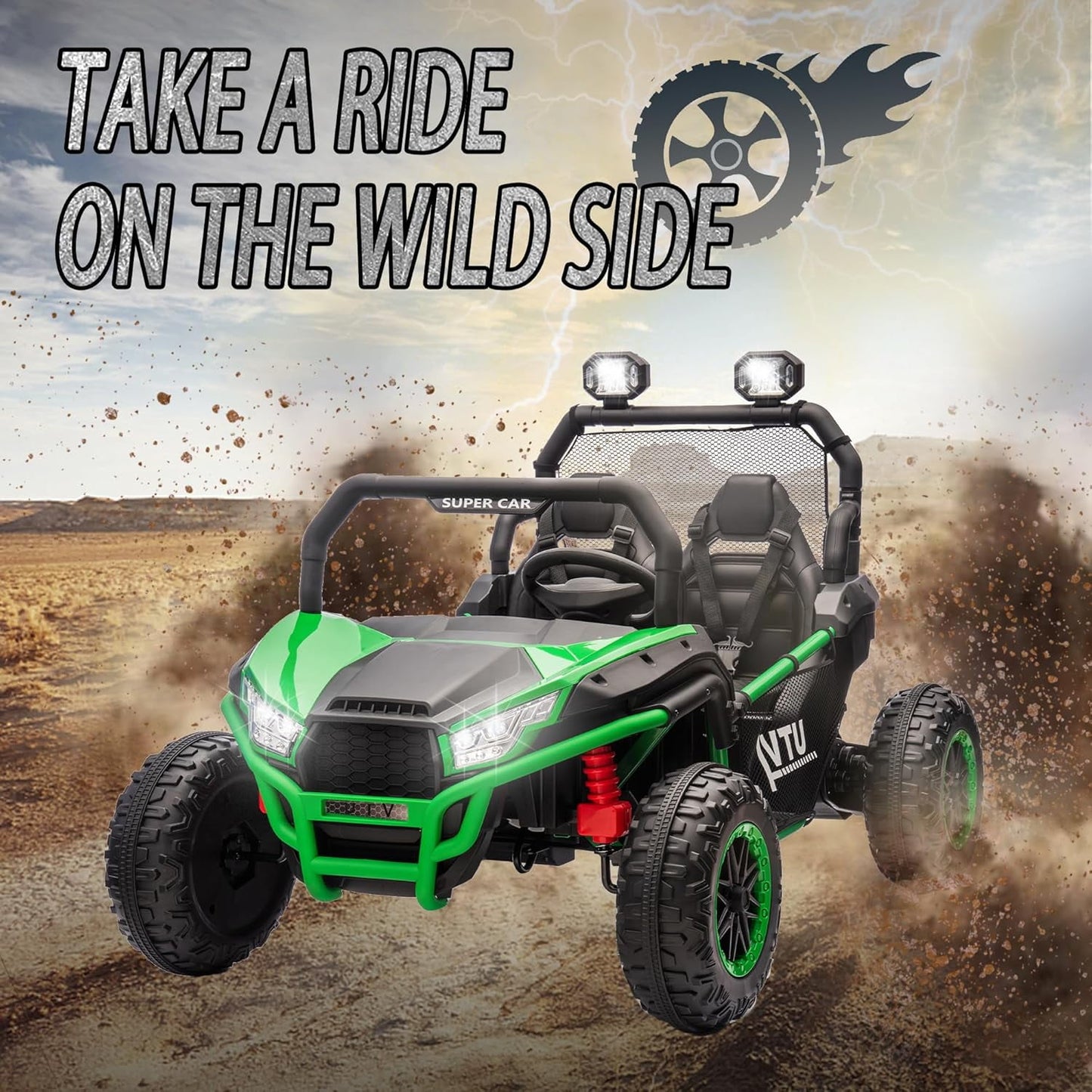 Track 7 24V Ride on Car for Kids, 2 Seater Ride on UTV with Remote Control, 20" Seat Width, 400W Electric Car, LED Lights, Rear Searchlight, Bluetooth, Rear Storage, 5 mph High Speed, Green