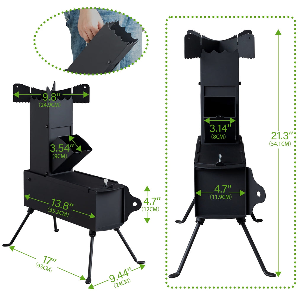 COOKCOK Camping rocket stove, Foldable, 9.44"D x 17"W x 21.3"H, Alloy Steel, Black