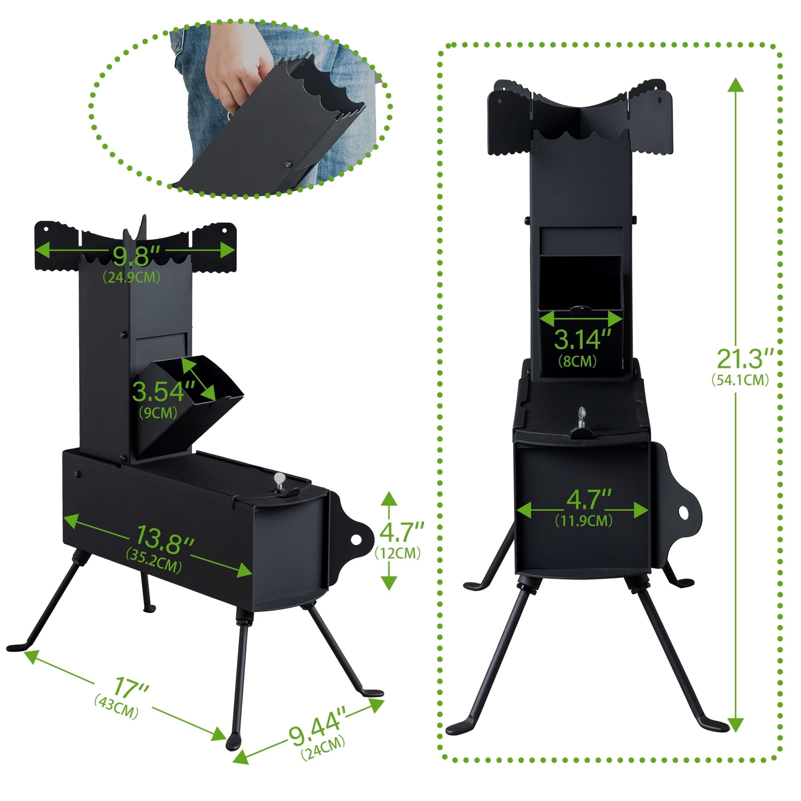 COOKCOK Camping rocket stove, Foldable, 9.44"D x 17"W x 21.3"H, Alloy Steel, Black