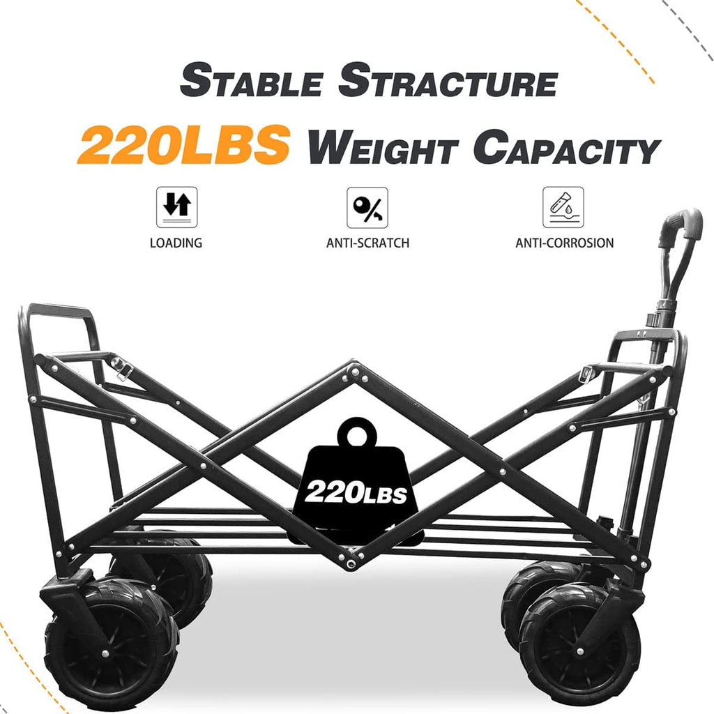 COOKCOK Collapsible Heavy Duty Wagon Cart, Outdoor Folding Utility Camping Garden Beach Cart with Universal Wheels & Adjustable Handle Shopping, Black