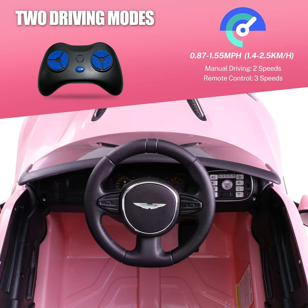 Track 7 12V Kids Ride on Car, Licensed Aston Martin Electric Car for Boys Girls Age 3+, Remote Control, Music, USB, Portable Handle, Pink