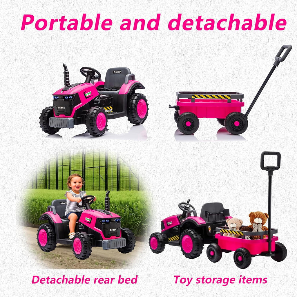 Track Seven 12V Ride on Tractor with Detachable Trailer, Kids' Electric Vehicles with LED Lights, Music, Remote Control Tractor Toy for Boys Girls Aged 3+, 12V Ride on Toys Car for Kids, Pink