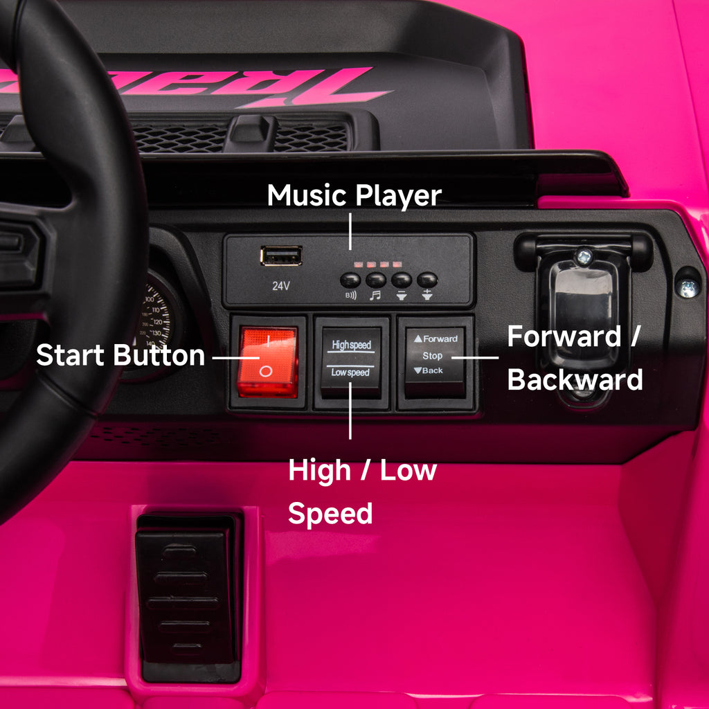 Track Seven 24V Kids Ride on Car, Electric Car with Ceiling, Ride on Truck with Remote Control, Music, Rear Storage Box, Pink
