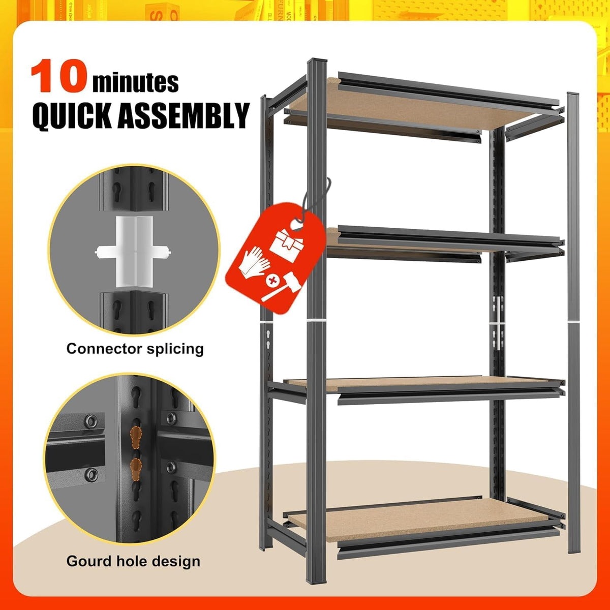 COOKCOK 4-Tier Storage Shelving, Heavy Duty Adjustable Metal Shelf, Wooden Board, 23.6" x 11.8" x 46" Utility Storage Rack for Kitchen, Pantry, Basement, Bathroom, Laundry, Warehouse, Black