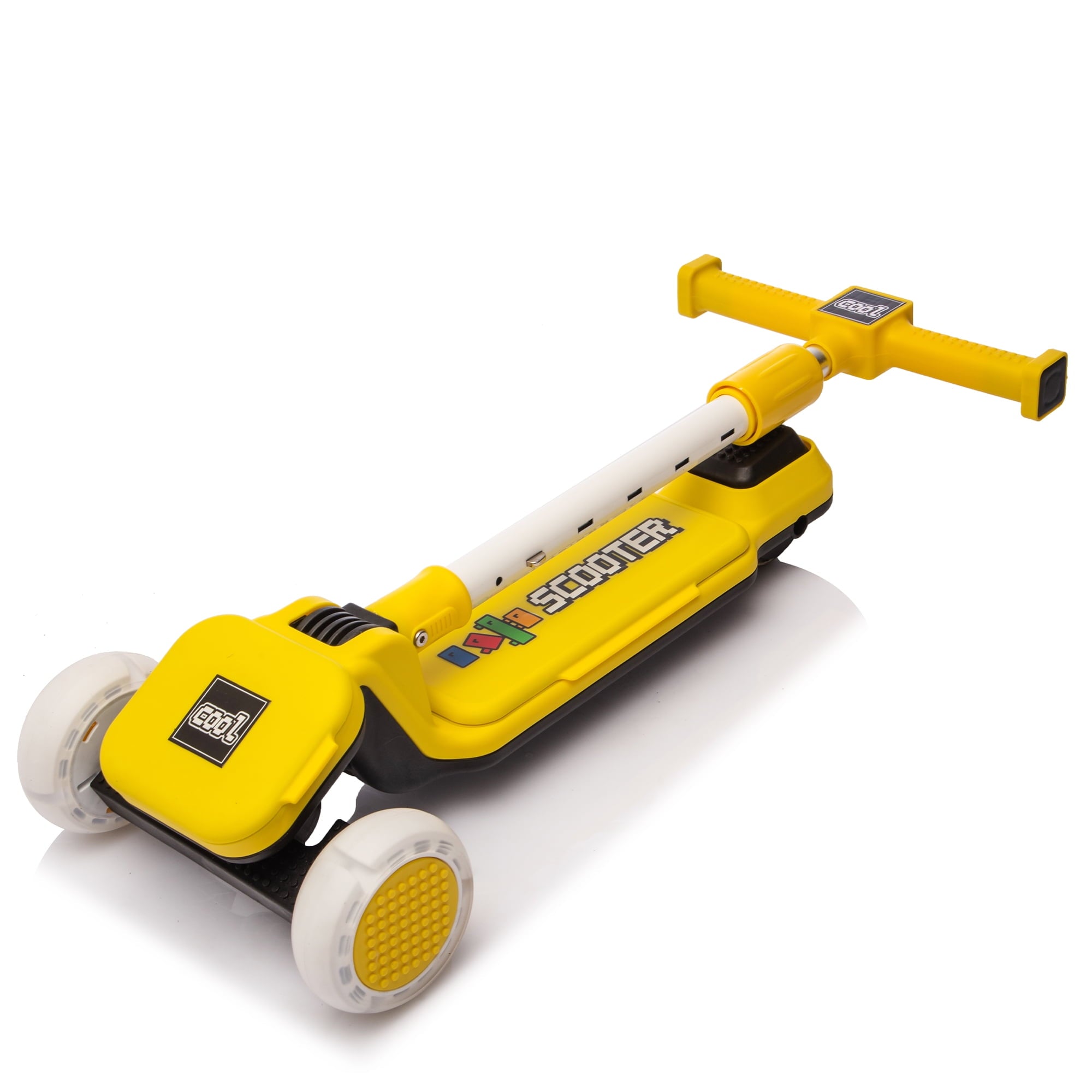 Track Seven Kids Ride On 3-Wheel Scooter W/Buildable Blocks, PU Flashing Wheels, 5-Position Height Adjustable, Folding Kick Scooter for Kids Aged 3+, Yellow