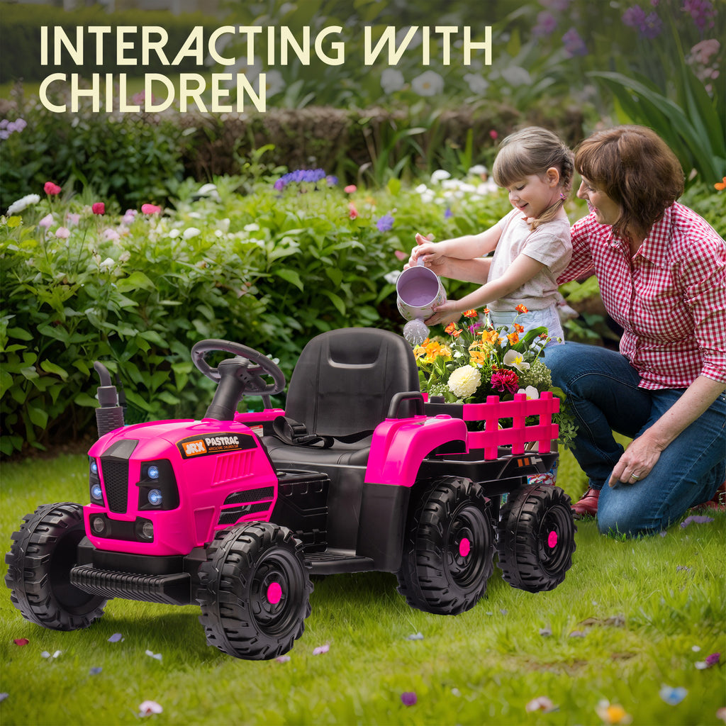 Track 7 24V Ride on Tractor, 400W Electric Tractor with Detachable Trailer, Remote Control, USB, MP3, Power Display, LED Lights, Max Speed 4.97 mph, 24V Electric Car for Boys Girls Age 3+, RoseRed
