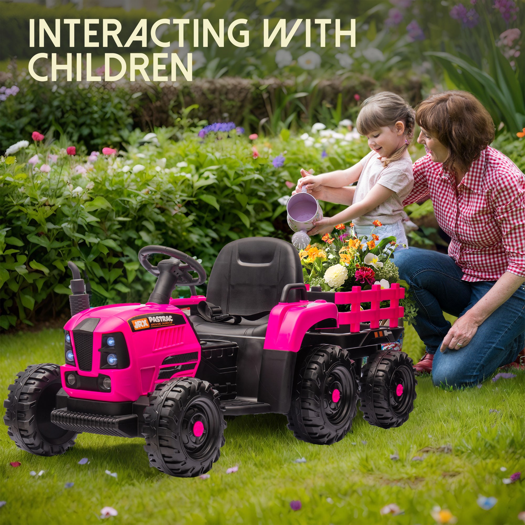Track 7 24V Ride on Tractor, 400W Electric Tractor with Detachable Trailer, Remote Control, USB, MP3, Power Display, LED Lights, Max Speed 4.97 mph, 24V Electric Car for Boys Girls Age 3+, RoseRed