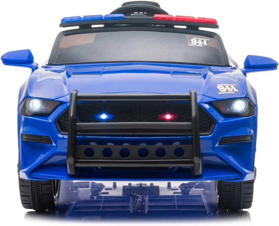 Track 7 12V Kids Police Sports Car, 2.4GHZ Remote Control, LED Lights, Siren, Microphone, Blue