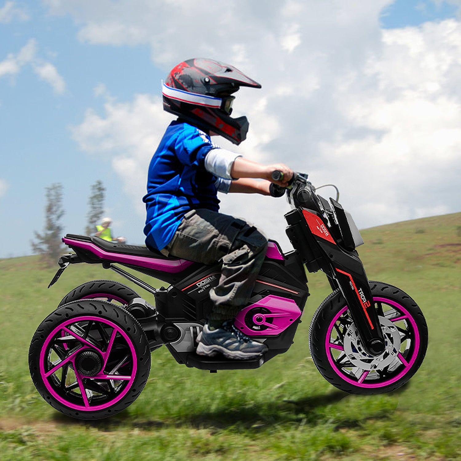 Track 7 Kids Ride on Motorcycle, 12V Electric Trike Motorcycle for Boys Girls Age 3+, 3 Wheels Motorcycle, Music, Pink