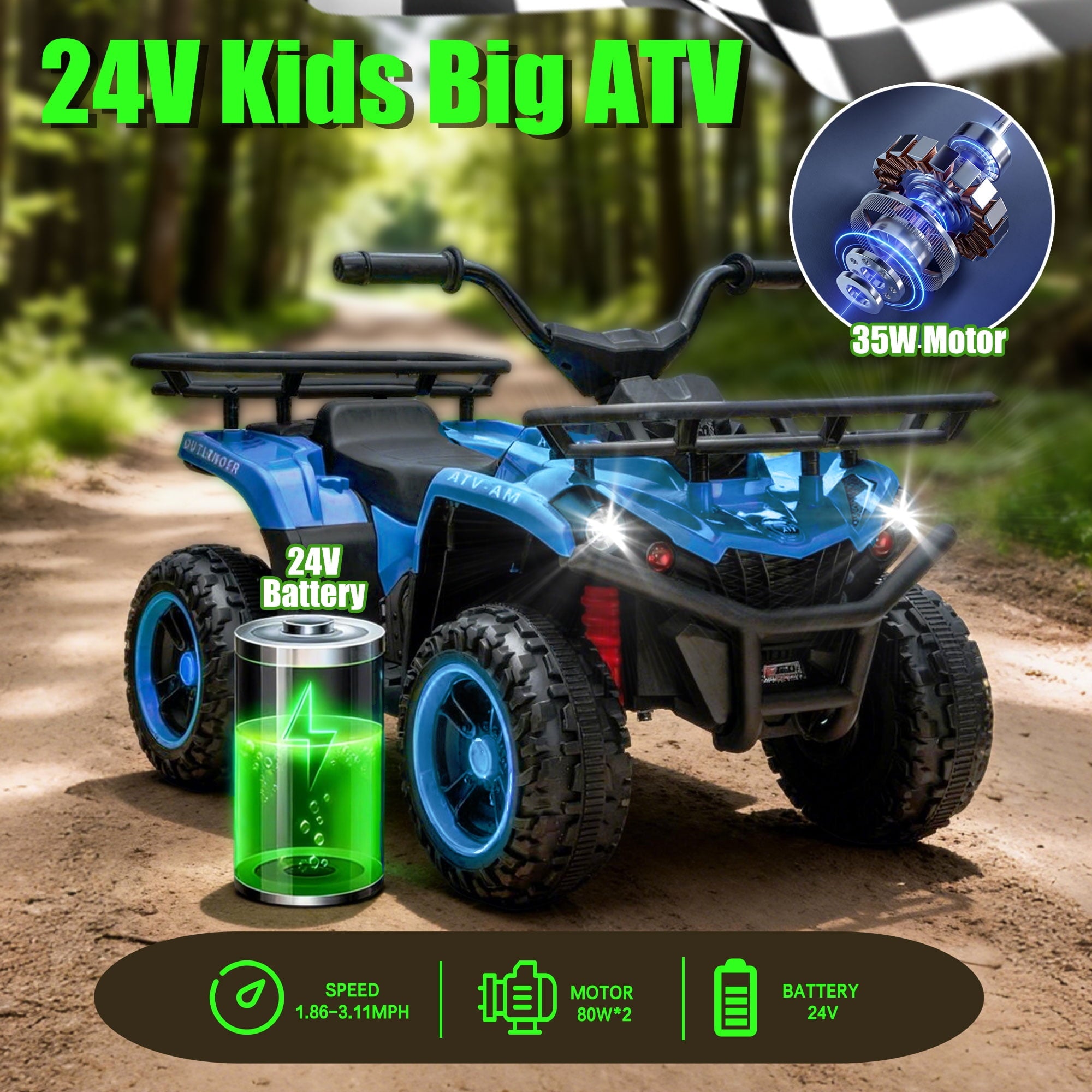 Track Seven 24V Ride on ATV, Kids ATV 4 Wheeler Quad Ride on Toy with Bluetooth, Crash Bar, Front & Rear Storage Rack, Power Display, LED Lights, Electric ATV for Boys Girls Aged 3+