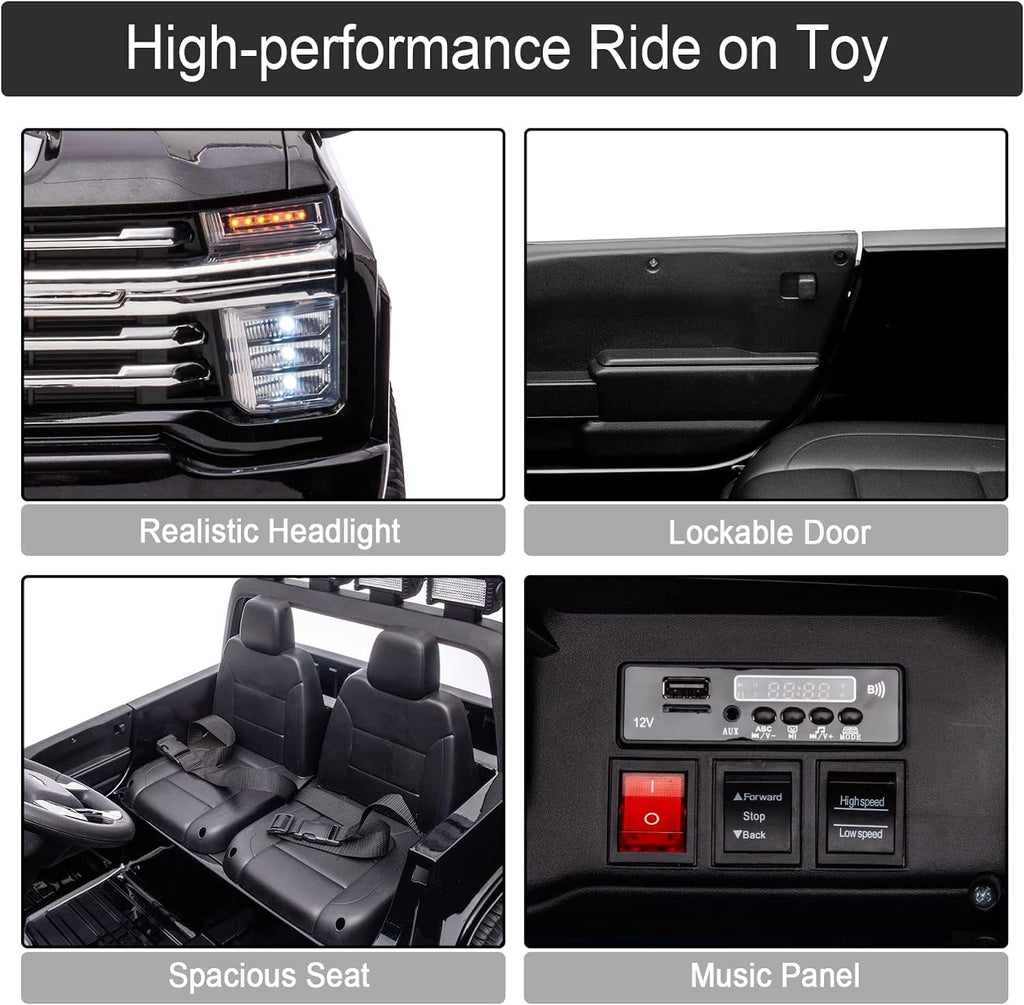 LISUEYNE 24 V Ride on Car, Licensed Silverado HD 2 Seater Electric Car for Boys Girls Age 3+, 24 V Ride on Truck with Remote Control, Music, ABC, Black