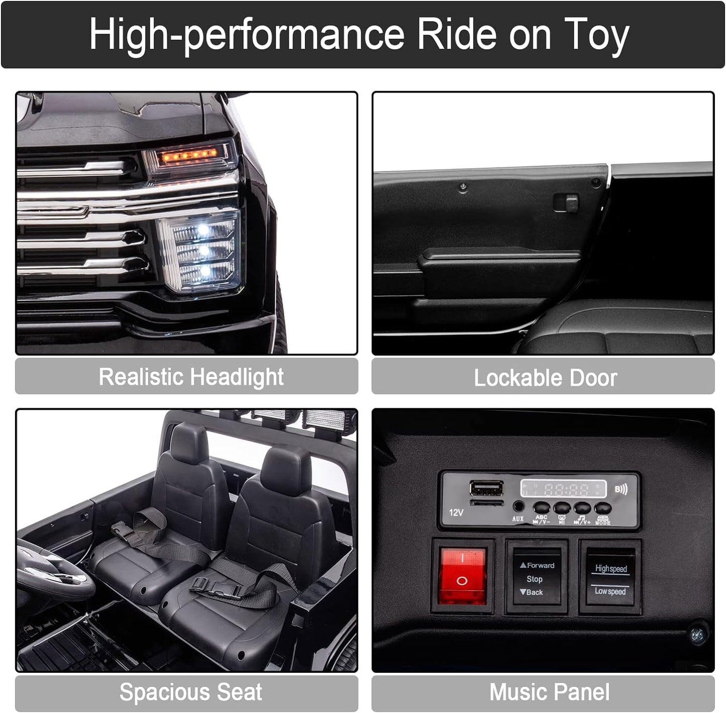 LISUEYNE 24 V Ride on Car, Licensed Silverado HD 2 Seater Electric Car for Boys Girls Age 3+, 24 V Ride on Truck with Remote Control, Music, ABC, Black
