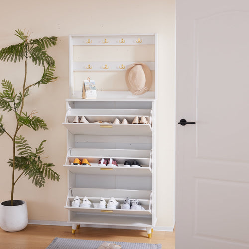 COOKCOK 3-Tier Flip Drawer Shoe Cabinets, Hat Coat Rack with Shoe Storage, Entryway Bedroom Armoire, Shoe Cabinet with Open Storage, White