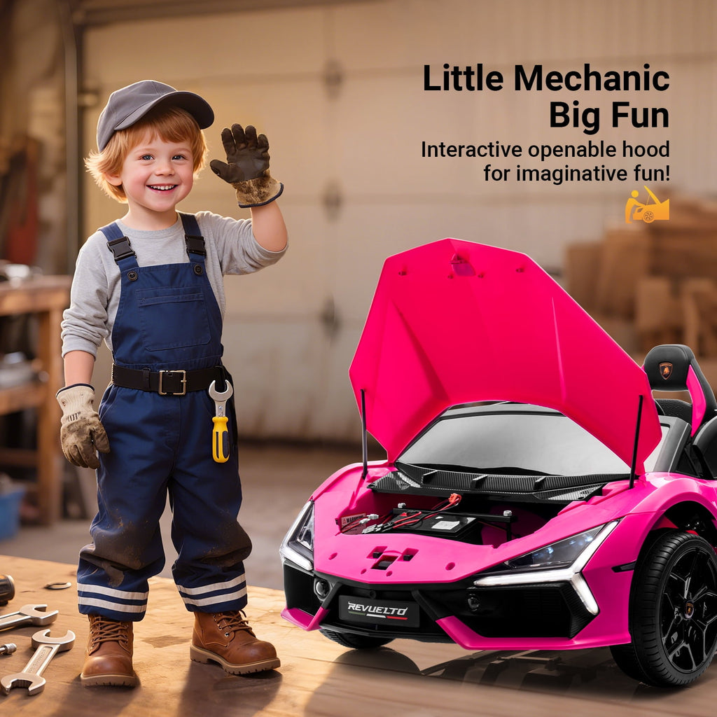 Track Seven 24V 2-Seater Ride on Car, Licensed Lamborghini Revuelto Electric Car with Remote Control, Music, LED Lights, Key Start, Spring Suspension, Max Speed 4.3mph, 24V Ride on Toy Car, Pink