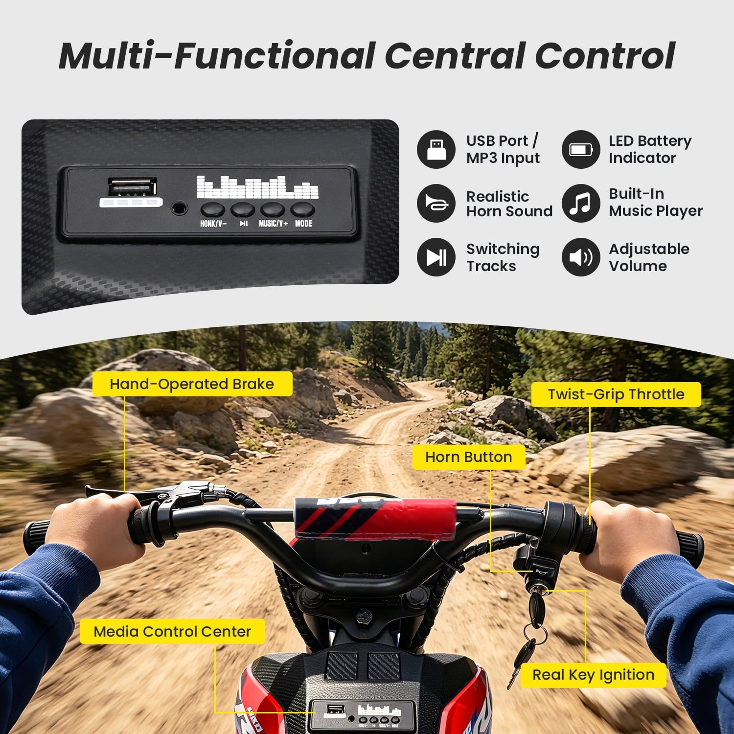 Track Seven 24V Electric Dirt Bike for Kids, Official Licensed Honda Electric Motorcycle, Up to10 Mph, Twist-Grip Throttle, 12" Pneumatic Tires, Bluetooth, Music, Motorcycle for Kids 6+, Red
