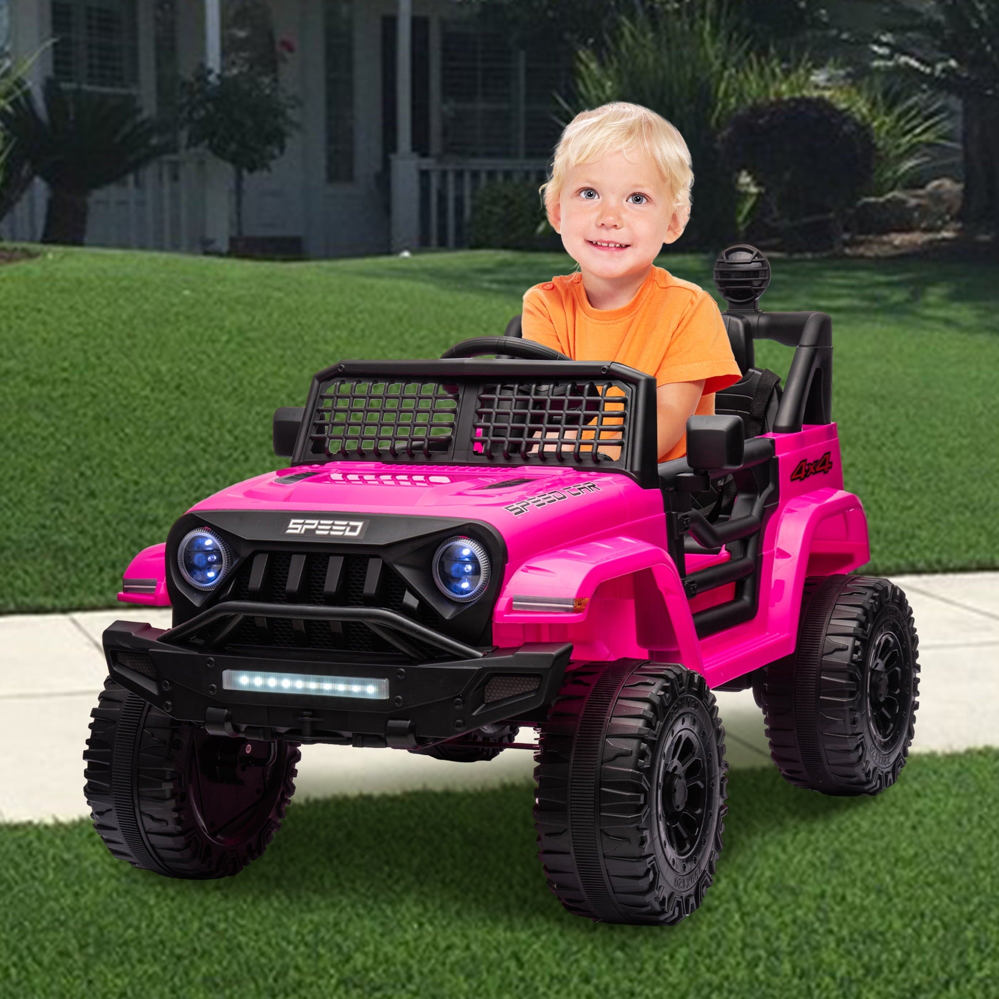 Track 7 Kids Ride on Truck, 12V Ride on Car with Remote Control, Kids Electric Car, Bluetooth, LED Lights, MP3, Pink