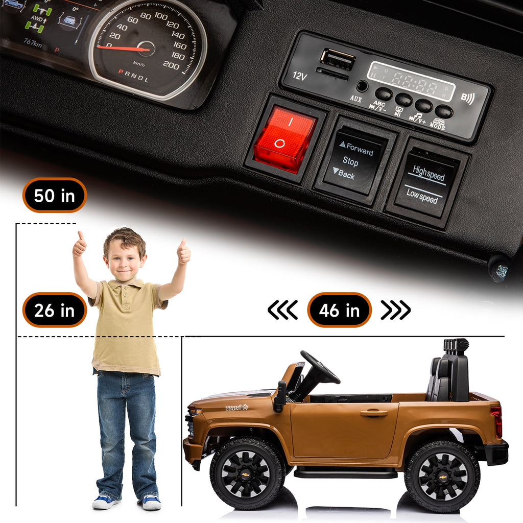 Track Seven 24V Ride on Car, Licensed Silverado HD 2 Seater Electric Car for Boys Girls Age 3+, 24V Ride on Truck w/Remote Control, Music, ABC, Brown